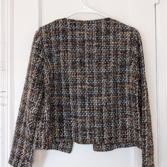 Brown Tweed Plaid Chanel Style Bolero Jacket with Four Front Flap Pockets - Picture 7 of 12
